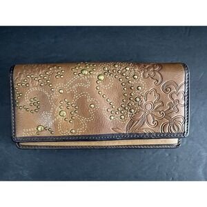 Vtg Fossil Leather Wallet Women Brown Tooled Floral‎ Studded Western Boho Rustic